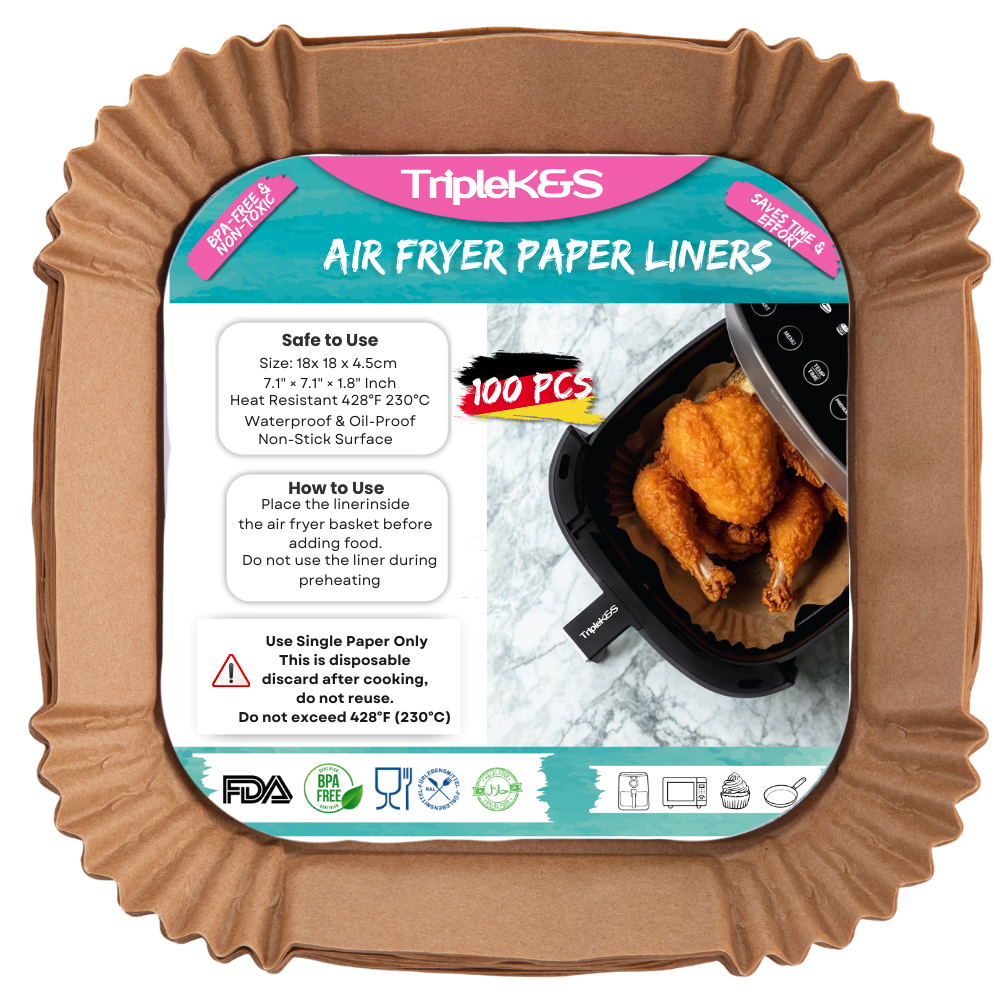 Triple k&s Backpapier für Heißluftfritteuse 3,5–5 L, 120 Stück 18x18 cm Eckig Antihaft
