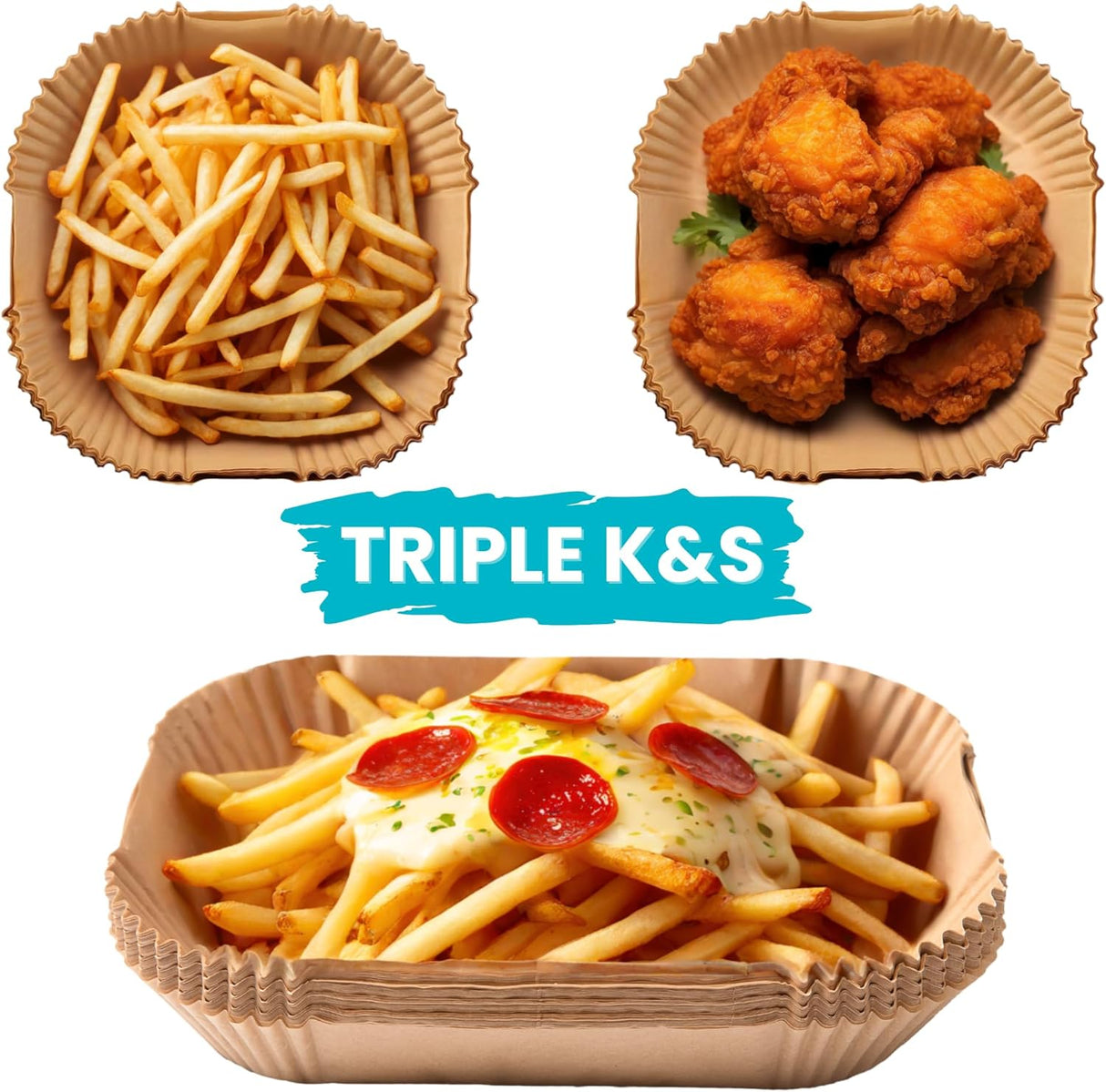 Triple k&s Backpapier für Heißluftfritteuse 3,5–5 L, 120 Stück 18x18 cm Eckig Antihaft