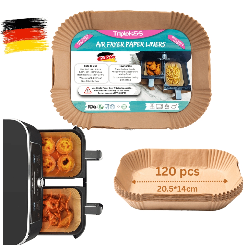 TRIPLE K&S® Airfryer Backpapier – Premium Antihaft Einweg Backpapier für Heißluftfritteuse (2L–10L | Rund & Quadratisch | 100–120 Stück | BPA-frei & Hitzebeständig)