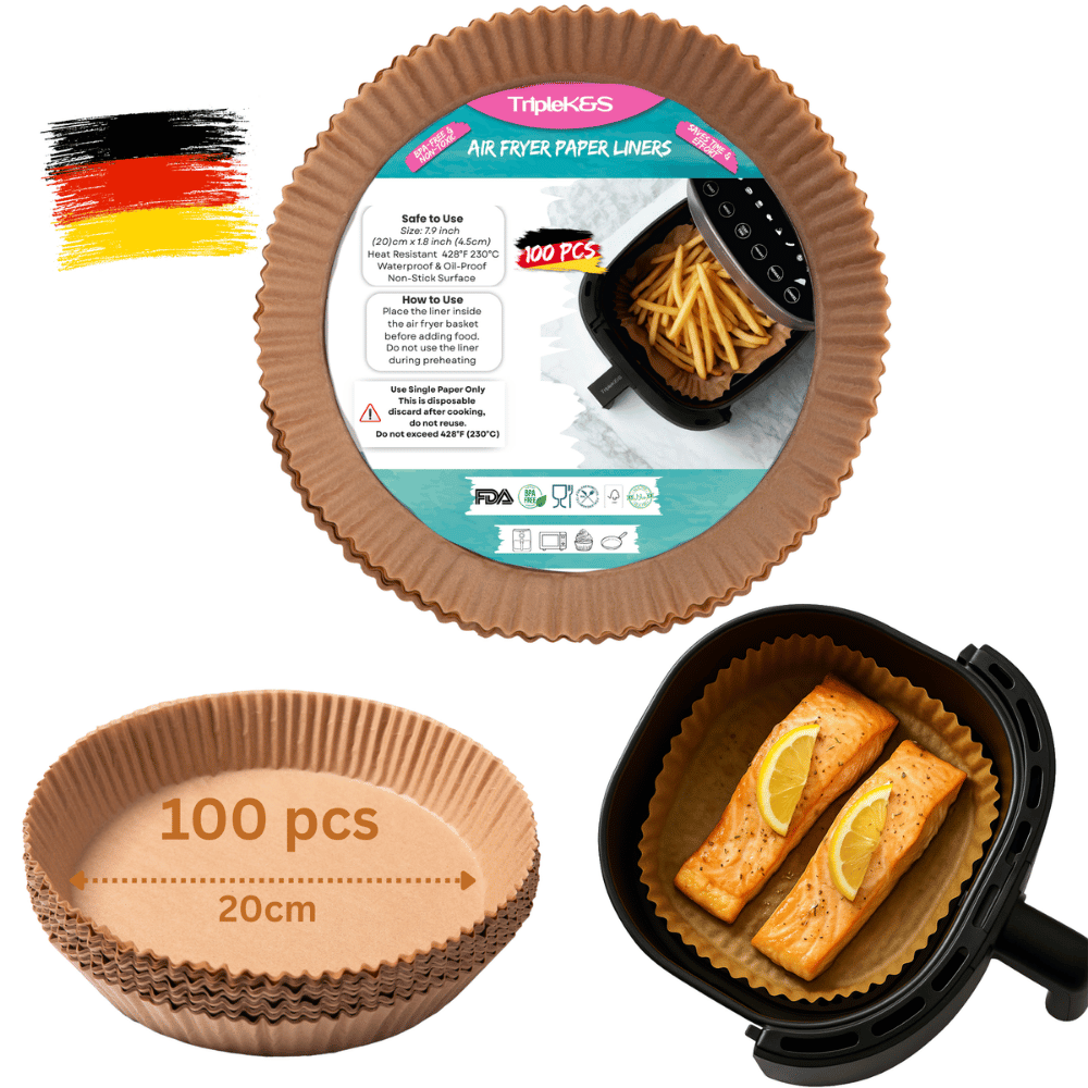 TRIPLE K&S® Airfryer Backpapier – Premium Antihaft Einweg Backpapier für Heißluftfritteuse (2L–10L | Rund & Quadratisch | 100–120 Stück | BPA-frei & Hitzebeständig)