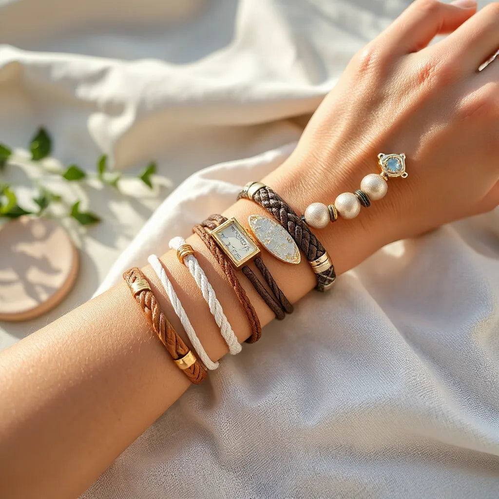 Handgelenke mit Sommerarmbändern aus Leder, Kordel und Perlen in hellem Tageslicht