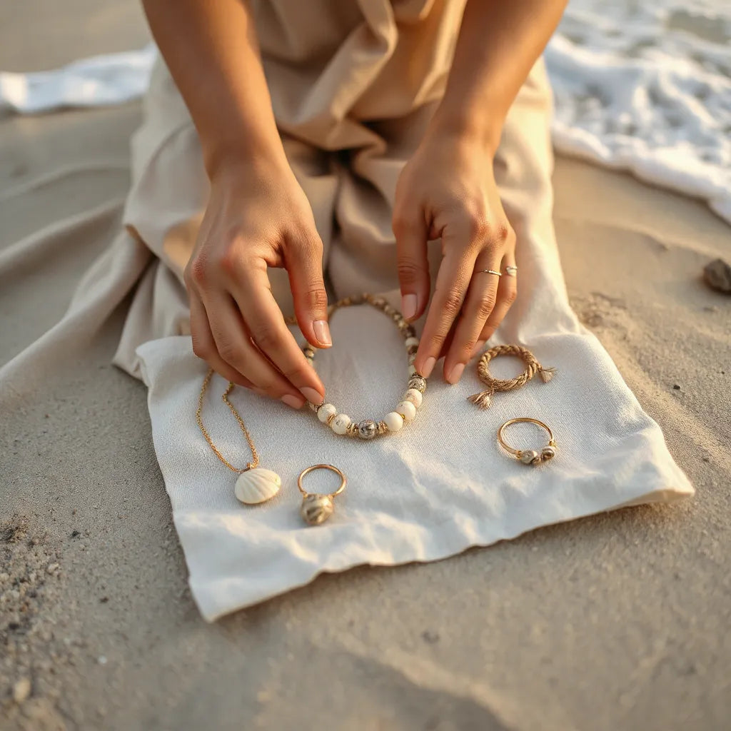 Strand-Schmuck aus Muscheln und Perlen auf hellem Stoff neben warmem Sand