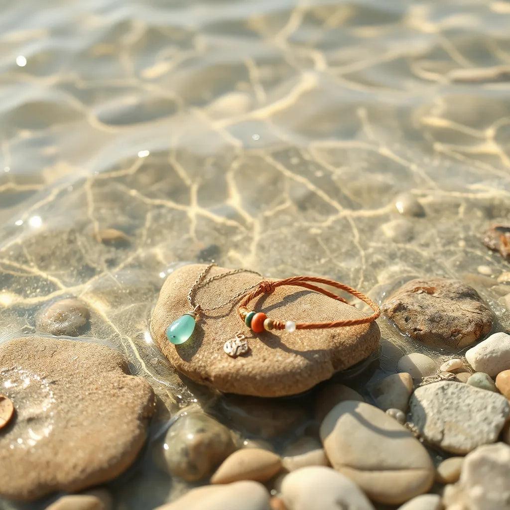 Boho-inspired necklace and bracelet resting on stones near shallow clear water
