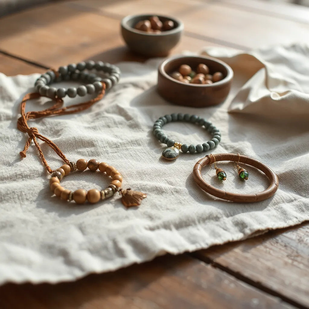 Handgefertigte Boho Schmuckstücke wie Armbänder, Kette und Ohrringe auf natürlichem Leinen
