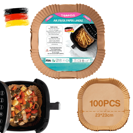 TRIPLE K&S Airfryer Backpapier Liners 23×23 cm – 100 Stück für 7,5–10 L Heißluftfritteusen