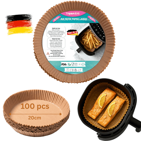TRIPLE K&S Rundes Airfryer Backpapier 20 cm XL – 100 Stück für 4–6,5 L Heißluftfritteusen