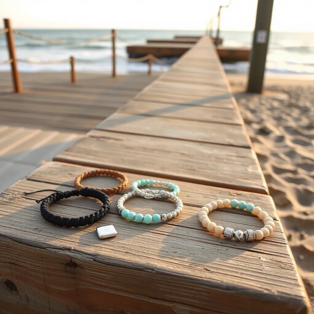 Mehrere Surfer-Armbänder in Blau, Türkis und Sandfarben auf Holzstufen am Strand