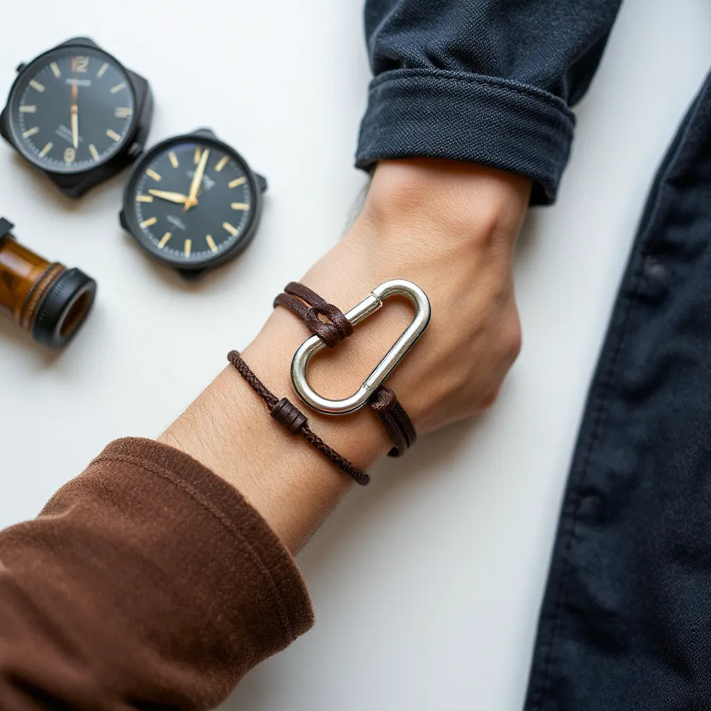 Mannes Handgelenk mit Lederarmband und silbernem Karabiner-Verschluss in neutralem Outfit
