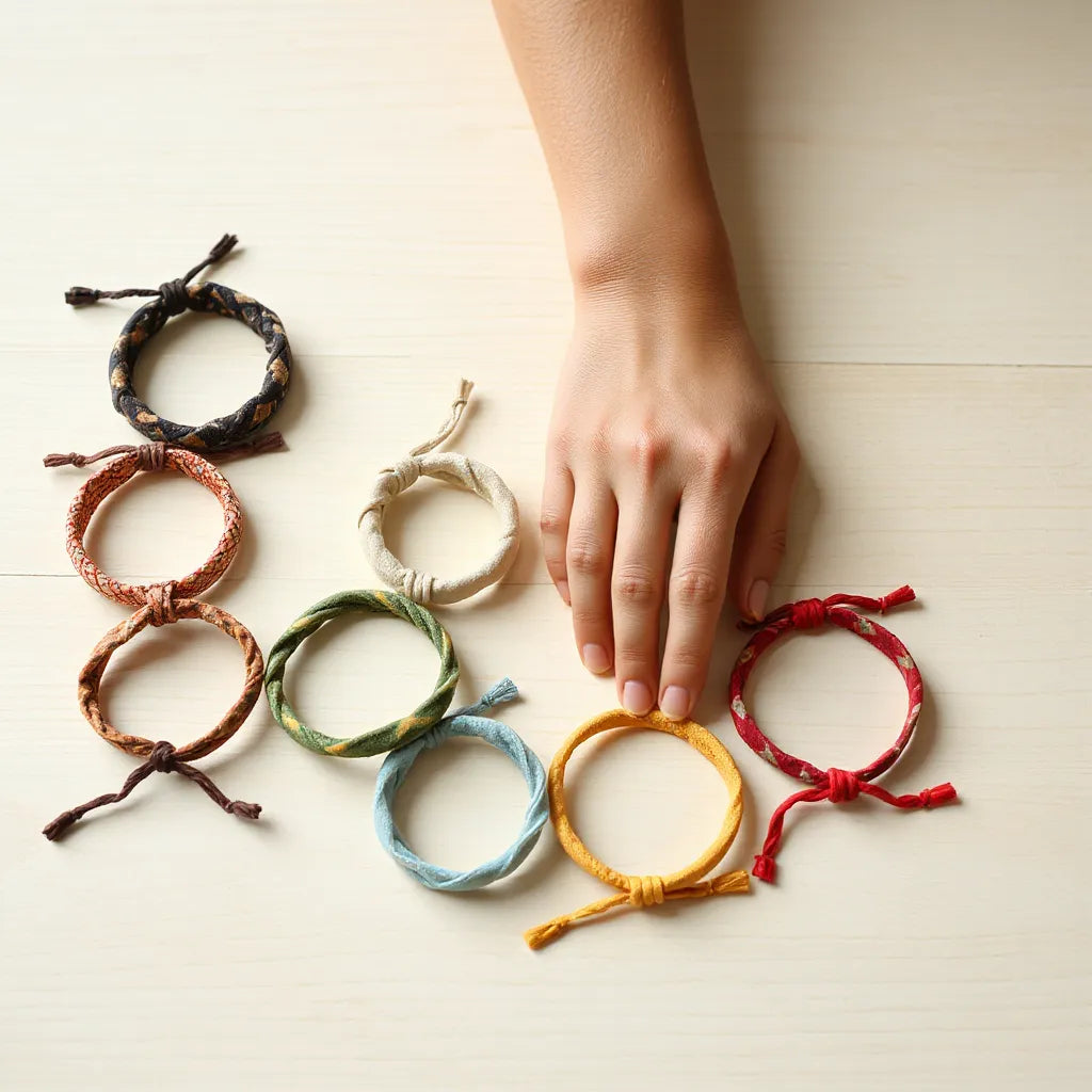 Farbenfrohe Stoffarmbänder auf hellem Holz, eine Hand richtet ein Armband.