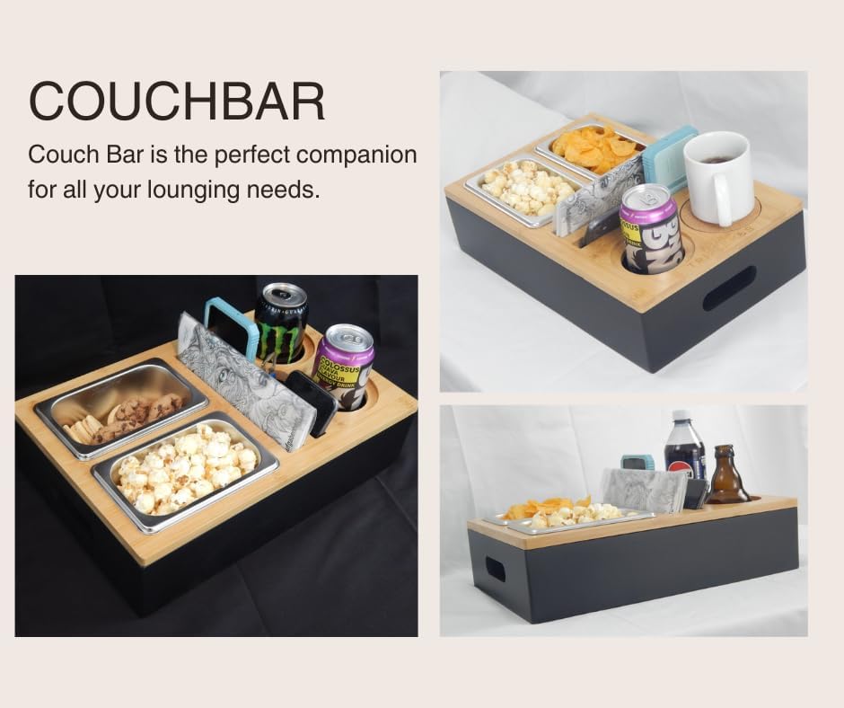 Triple K&S Wooden Couchbar Organizer with Stainless Steel Snackbox - Snackbar
