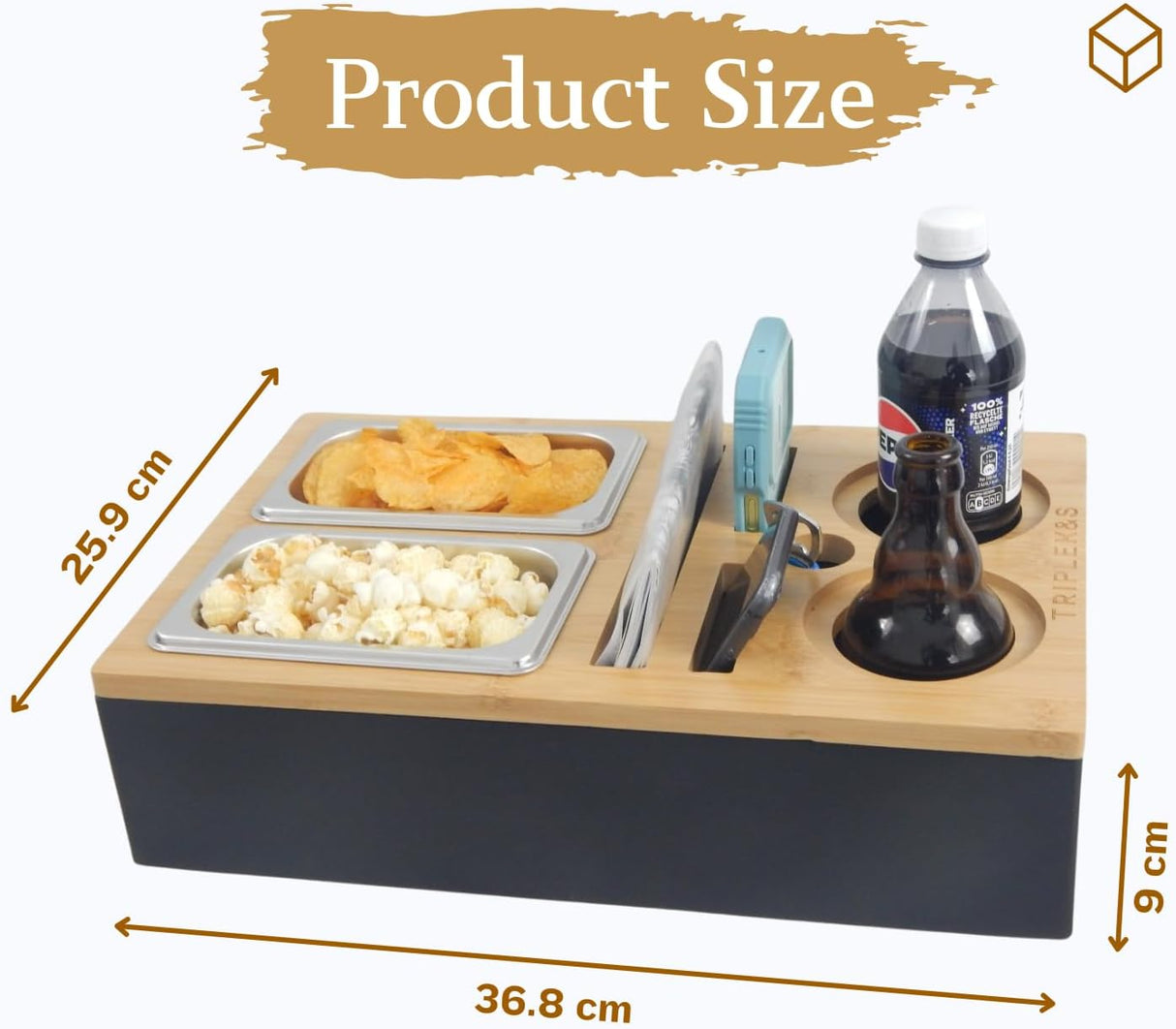 Triple K&S Wooden Couchbar Organizer with Stainless Steel Snackbox - Snackbar