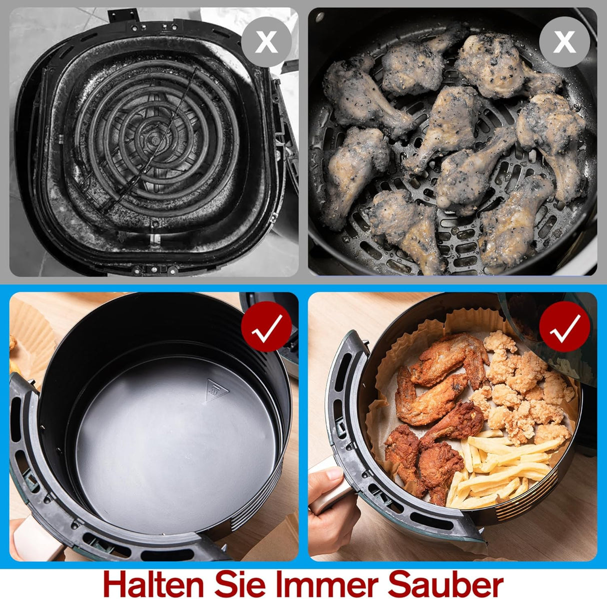 Triple k&s Backpapier für Heißluftfritteuse 3,5–5 L, 120 Stück 18x18 cm Eckig Antihaft