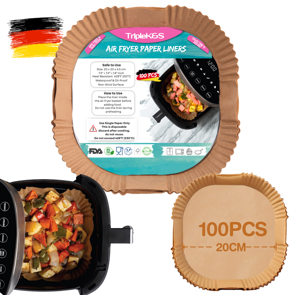 TRIPLE K&S Airfryer Backpapier für Heißluftfritteuse 100 Pcs 4.5L–8L, 20–20cm Non-Stick Parchment Paper, Compatible with COSORI, Philips, Midea, Cecotec, Russell Hobbs XL XXL (100 Stücke 4,5L-8L)