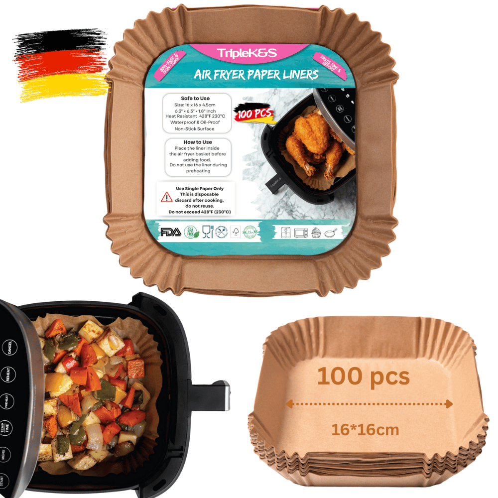 TRIPLE K&S Airfryer Backpapier Liners 100 Stk 16x16cm für 2–4,1L Antihaft